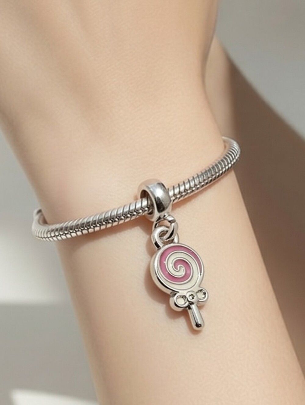 Pink Swirl Lollipop 3D Bracelet Charm Silver Carnival Party Jewelry Summer Fun